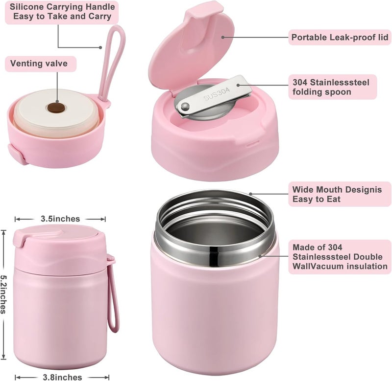 Howeemo 17oz Soup Thermo for Hot Food Kids,Insulated Food Jar with Spoon,Thermo Hot Food Lunch Container,Wide Mouth Leakproof Stainless Steel Lunch Box for School-Pink - Image 2